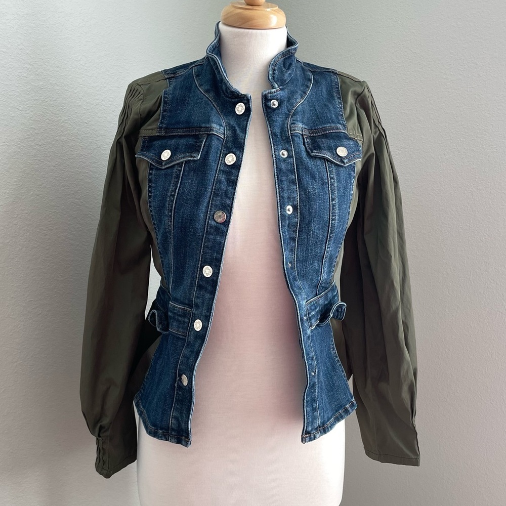 WHBM Denim & Satin Green Sleeves Jacket